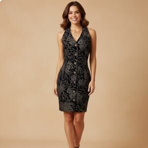 Vintage 90s Cocktail Dress Button Front Waistcoat Mini Velour Black Brocade Sexy